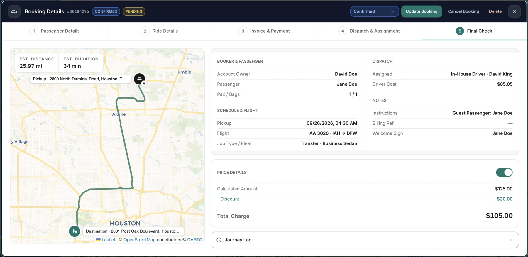 The Exaltis dispatch screen for a single airport booking